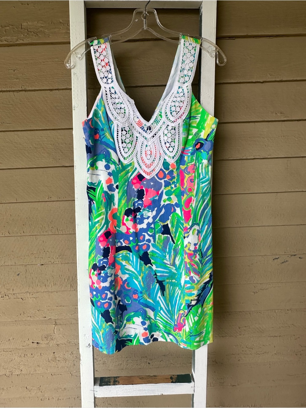 Colorful Tropical Print Shift Dress with Crochet Trim